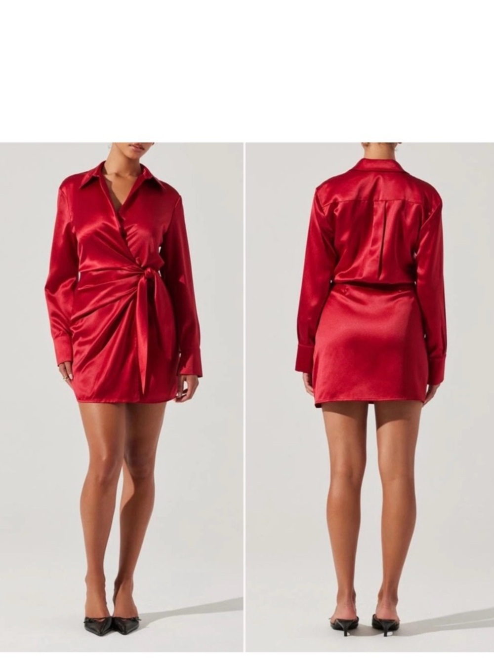 Astr Tie-Waist Satin Shirt Dress - Red